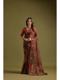Mysilklove - Women Brown Cotton Printed Saree Without Blouse
