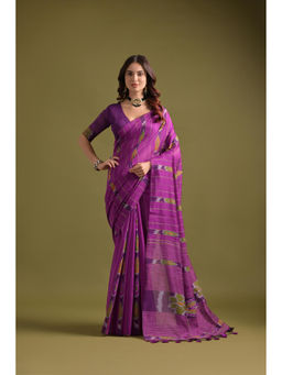 Mysilklove - Women Purple Cotton Printed Saree Without Blouse