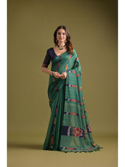 Mysilklove - Women Green Cotton Printed Saree Without Blouse