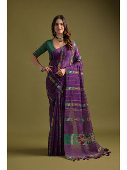 Mysilklove - Women Purple Cotton Printed Saree Without Blouse