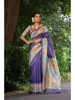 Mysilklove - Women Blue Cotton Floral Saree Without Blouse