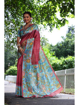 Mysilklove - Women Red Cotton Floral Saree Without Blouse