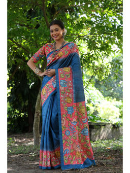 Mysilklove - Women Blue Cotton Floral Saree Without Blouse