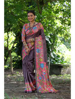Mysilklove - Women Brown Cotton Floral Saree Without Blouse