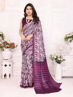 Anjaneya Sarees - Women Purple Cotton Printed Saree with Unstitched Blouse