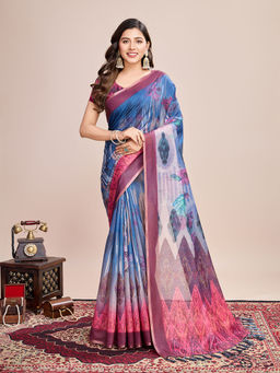 Anjaneya Sarees - Women Blue Cotton Floral Saree with Unstitched Blouse