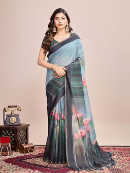 Anjaneya Sarees - Women Blue Cotton Floral Saree with Unstitched Blouse