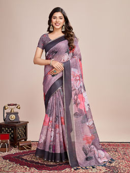 Anjaneya Sarees - Women Pink Cotton Floral Saree with Unstitched Blouse