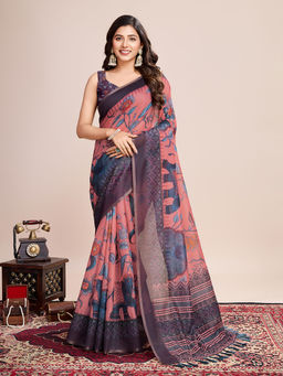 Anjaneya Sarees - Women Peach Cotton Floral Saree with Unstitched Blouse