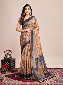 Anjaneya Sarees - Women Tan Cotton Floral Saree with Unstitched Blouse