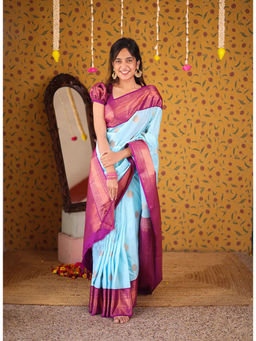 Anjaneya Sarees - Women Blue Banarasi Woven Saree with Unstitched Blouse