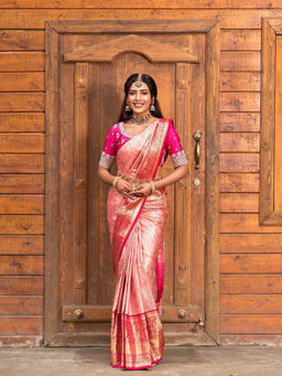 Anjaneya Sarees - Women Pink Banarasi Woven Saree with Unstitched Blouse