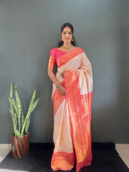 Anjaneya Sarees - Women Beige Banarasi Woven Saree with Unstitched Blouse
