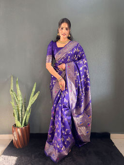Anjaneya Sarees - Women Purple Banarasi Woven Saree with Unstitched Blouse