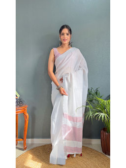 Anjaneya Sarees - Women Pink Cotton Woven Saree with Unstitched Blouse