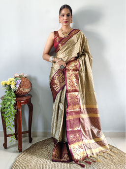 Anjaneya Sarees - Women Gold Silk Woven Saree with Unstitched Blouse
