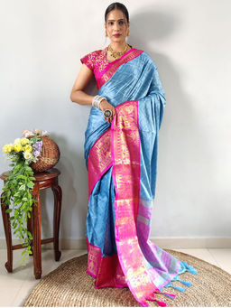 Anjaneya Sarees - Women Blue Silk Woven Saree with Unstitched Blouse