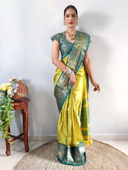 Anjaneya Sarees - Women Yellow Silk Woven Saree with Unstitched Blouse