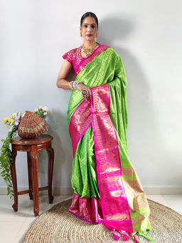 Anjaneya Sarees - Women Green Silk Woven Saree with Unstitched Blouse