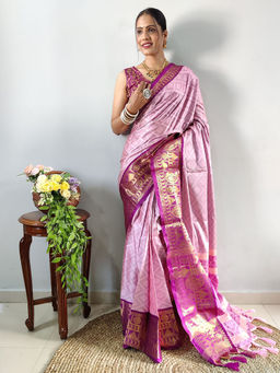 Anjaneya Sarees - Women Pink Silk Woven Saree with Unstitched Blouse