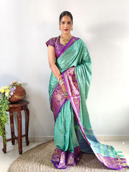 Anjaneya Sarees - Women Teal Silk Woven Saree with Unstitched Blouse