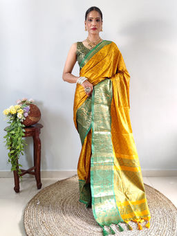 Anjaneya Sarees - Women Mustard Silk Woven Saree with Unstitched Blouse