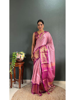 Anjaneya Sarees - Women Pink Silk Woven Saree with Unstitched Blouse