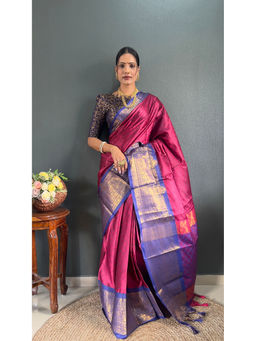 Anjaneya Sarees - Women Magenta Silk Woven Saree with Unstitched Blouse