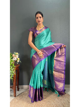 Anjaneya Sarees - Women Teal Silk Woven Saree with Unstitched Blouse