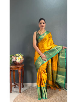 Anjaneya Sarees - Women Mustard Silk Woven Saree with Unstitched Blouse
