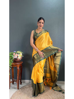Anjaneya Sarees - Women Yellow Silk Woven Saree with Unstitched Blouse