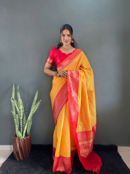 Anjaneya Sarees - Women Yellow Banarasi Woven Saree with Unstitched Blouse