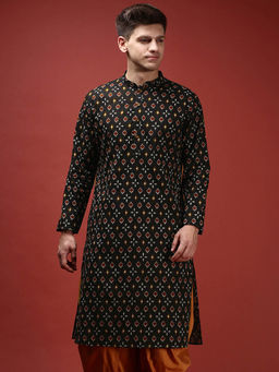 KISAH - Men Black Printed Cotton Blend Kurta with Abstract Print