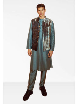 Nirmooha - Grey Nokia Silk Kurta With Pants And Printed Velvet Bandi