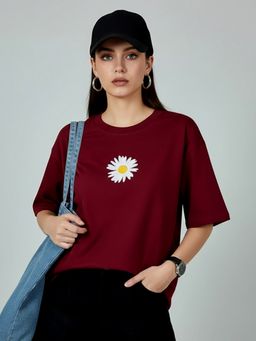 KASMA - Women Oversize Printed Cotton Maroon T-shirt