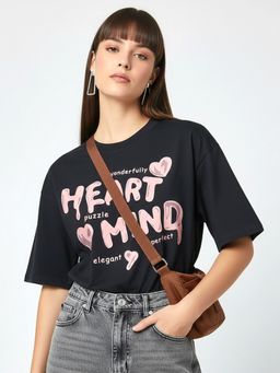 KASMA - Women Oversize Typography Print Cotton Black T-shirt