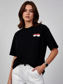 KASMA - Women Oversize Solid Cotton Black T-shirt