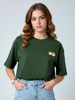 KASMA - Women Oversize Solid Cotton Green T-shirt