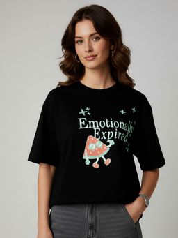 KASMA - Women Oversize Typography Print Cotton Black T-shirt