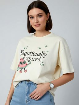 KASMA - Women Oversize Typography Print Cotton Cream T-shirt