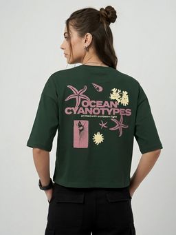 KASMA - Women Oversize Printed Cotton Green T-shirt