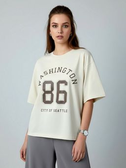 KASMA - Women Oversize Printed Cotton Cream T-shirt