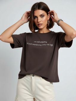 KASMA - Women Oversize Typography Print Cotton Brown T-shirt