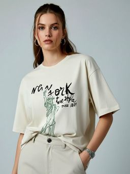 KASMA - Women Oversize Printed Cotton Cream T-shirt