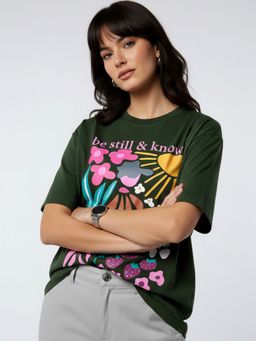 KASMA - Women Oversize Printed Cotton Green T-shirt