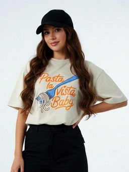 KASMA - Women Oversize Typography Print Cotton Cream T-shirt