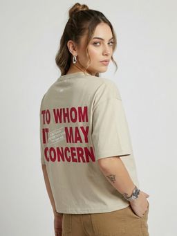 KASMA - Women Oversize Typography Print Cotton Beige T-shirt