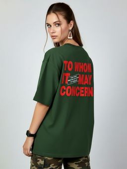 KASMA - Women Oversize Typography Print Cotton Green T-shirt