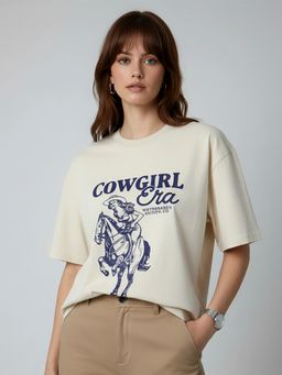 KASMA - Women Oversize Printed Cotton Cream T-shirt