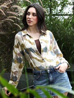 PINACOLADA - Womens Yellow Ochre Abstract-Imprint Oversized Shirt